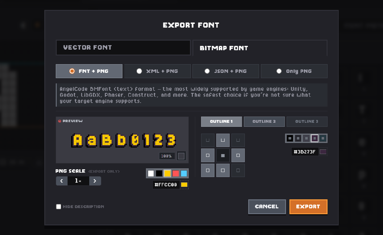 Bitmap export with font color and three outline layers